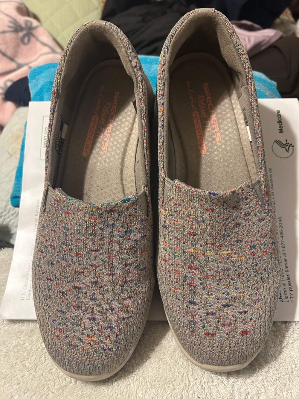 Skechers Taupe Knit Slip-On Moccasins with Multicolor Flecks